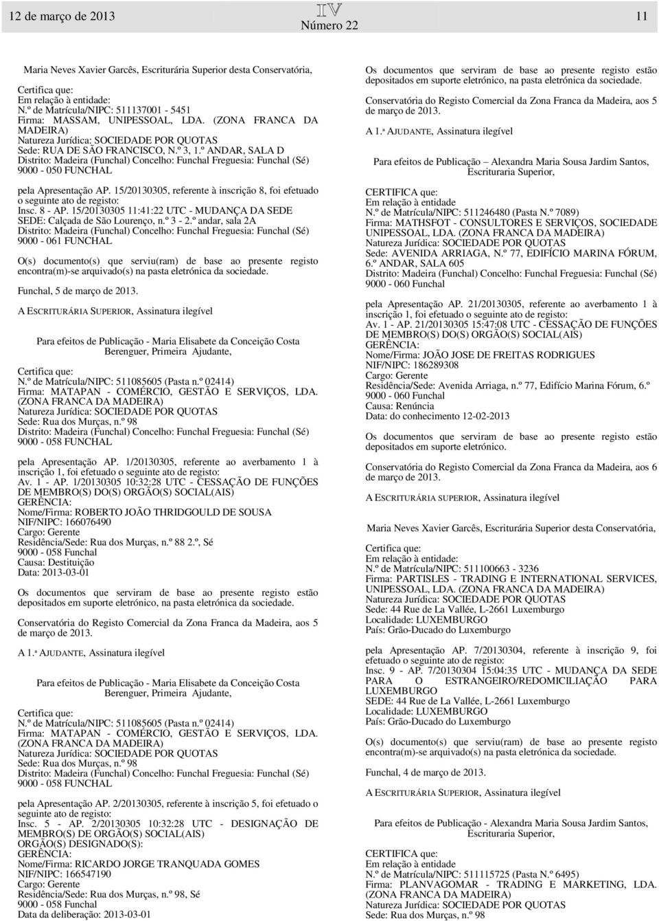 15/20130305 11:41:22 UTC - MUDANÇA DA SEDE SEDE: Calçada de São Lourenço, n.º 3-2.º andar, sala 2A 9000-061 FUNCHAL Funchal, 5 N.º de Matrícula/NIPC: 511085605 (Pasta n.