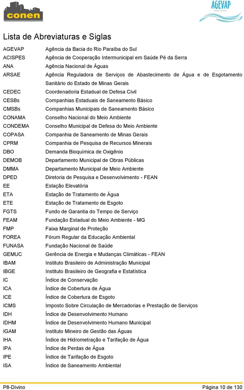 e de Esgotamento Sanitário do Estado de Minas Gerais Coordenadoria Estadual de Defesa Civil Companhias Estaduais de Saneamento Básico Companhias Municipais de Saneamento Básico Conselho Nacional do