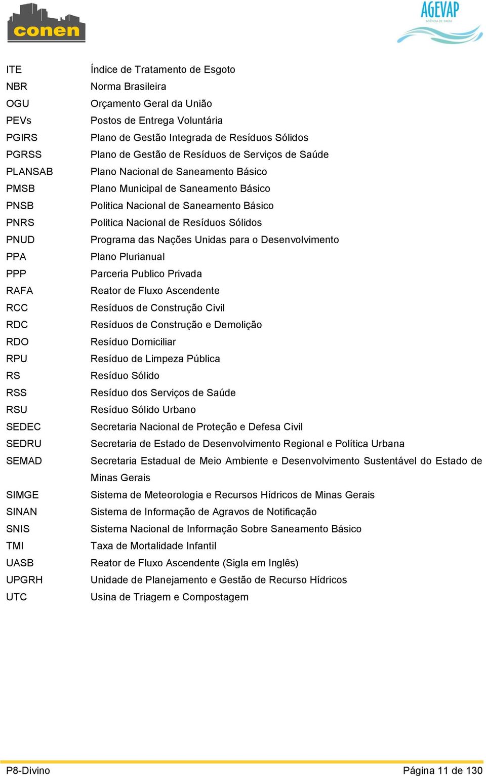 Municipal de Saneamento Básico Politica Nacional de Saneamento Básico Politica Nacional de Resíduos Sólidos Programa das Nações Unidas para o Desenvolvimento Plano Plurianual Parceria Publico Privada