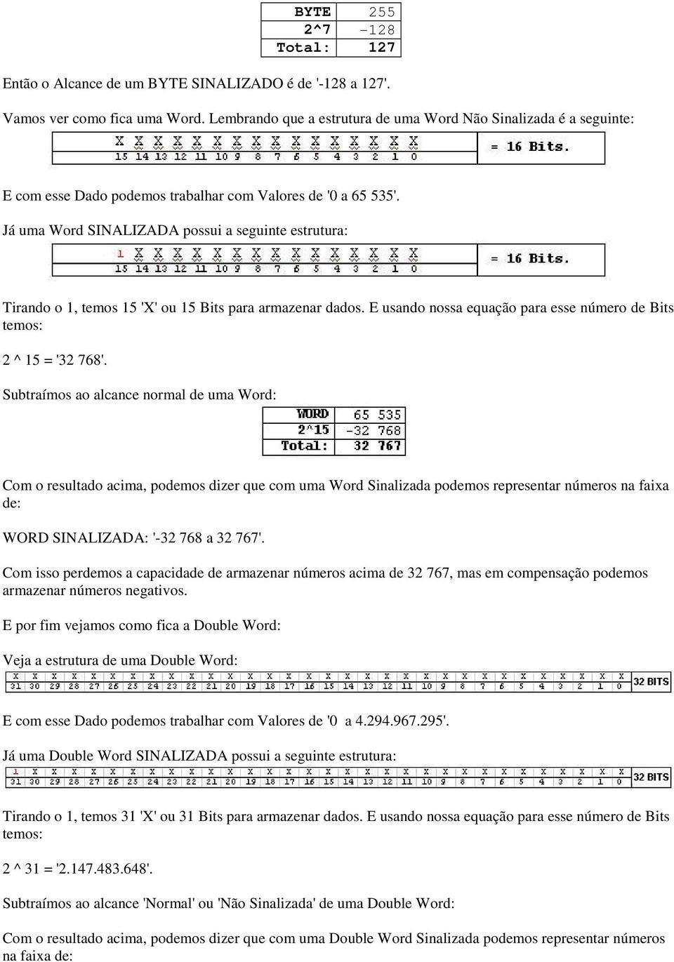 Já uma Word SINALIZADA possui a seguinte estrutura: Tirando o 1, temos 15 'X' ou 15 Bits para armazenar dados. E usando nossa equação para esse número de Bits temos: 2 ^ 15 = '32 768'.