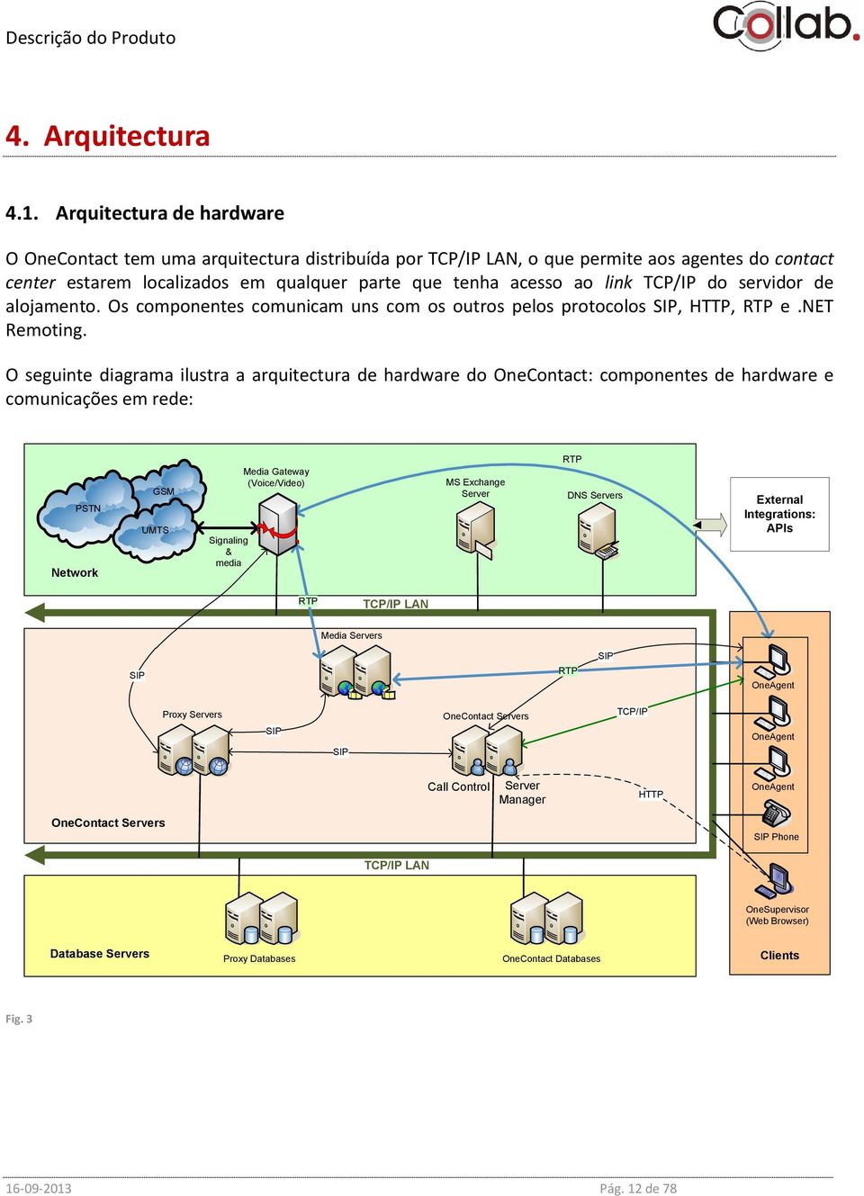 TCP/IP do servidor de alojamento. Os componentes comunicam uns com os outros pelos protocolos SIP, HTTP, RTP e.net Remoting.