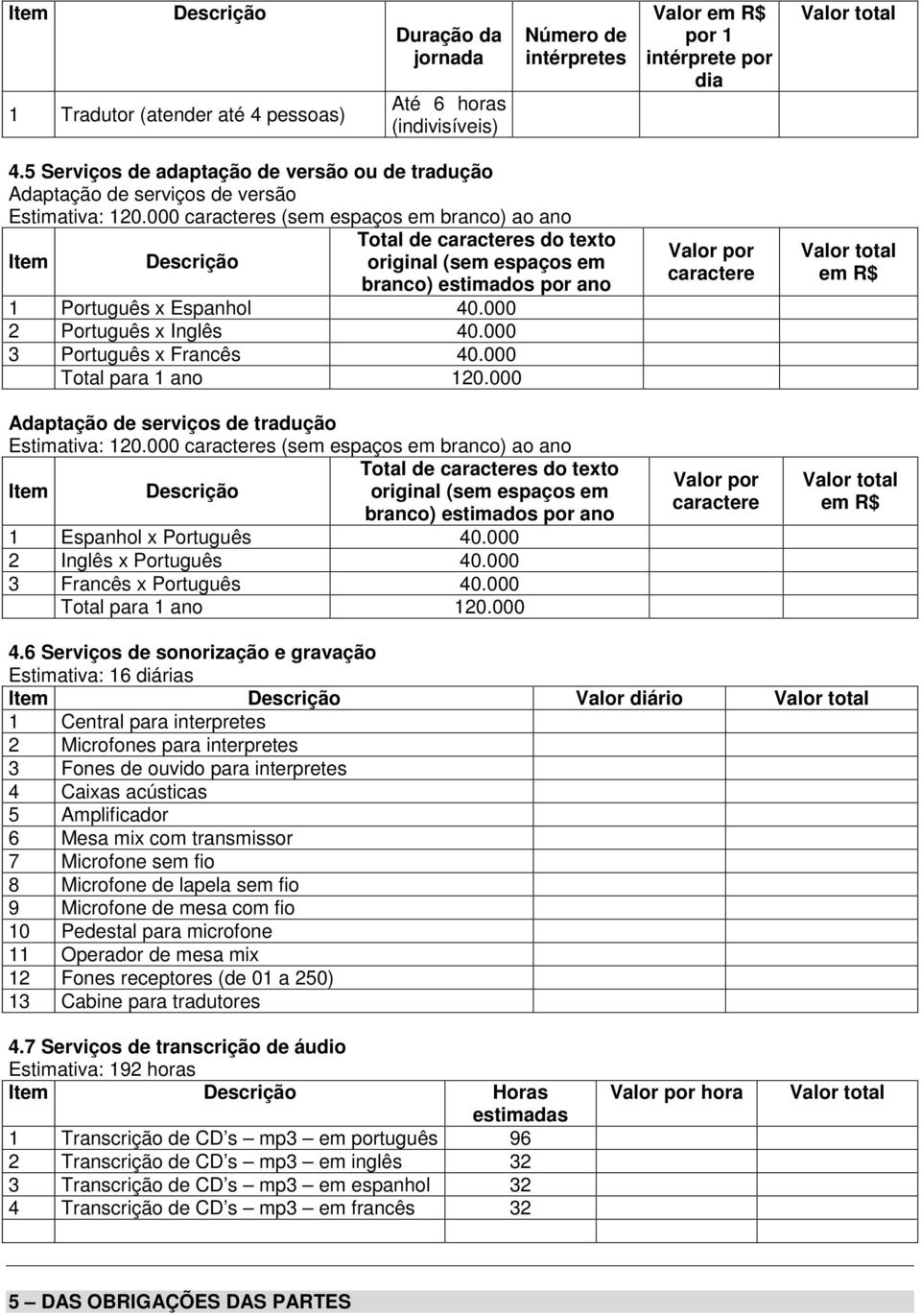 000 2 Português x Inglês 40.000 3 Português x Francês 40.000 Total para 1 ano 120.000 Adaptação de serviços de tradução Estimativa: 120.