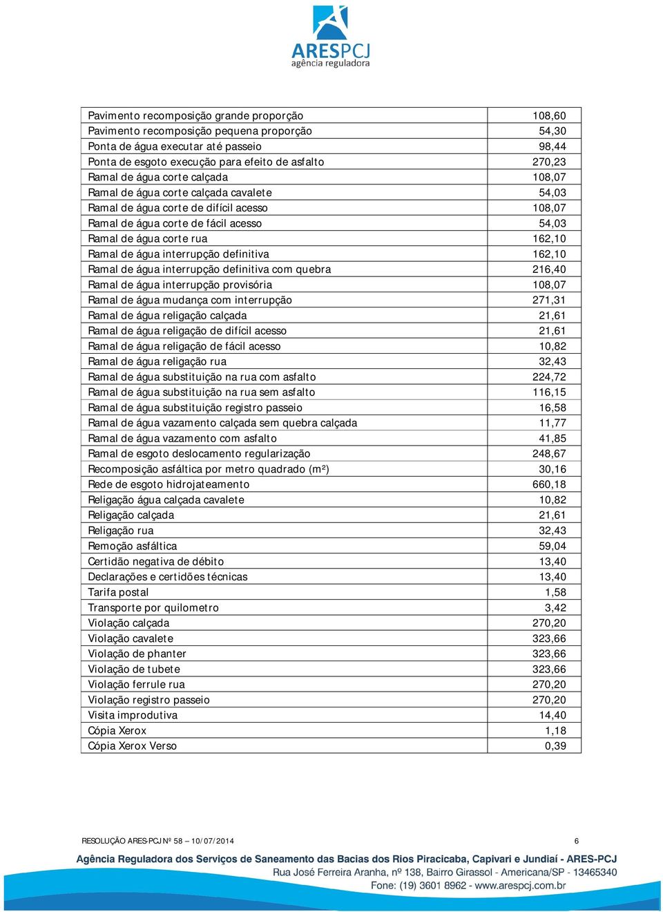 água interrupção definitiva 162,10 Ramal de água interrupção definitiva com quebra 216,40 Ramal de água interrupção provisória 108,07 Ramal de água mudança com interrupção 271,31 Ramal de água