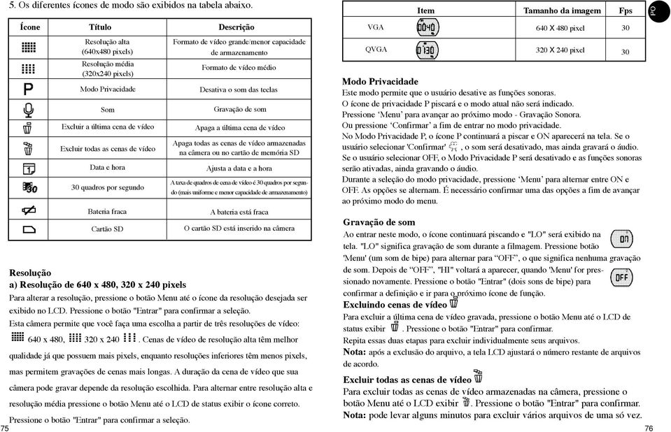 segundo Formato de vídeo grande/menor capacidade de armazenamento Formato de vídeo médio Desativa o som das teclas Gravação de som Apaga a última cena de vídeo Apaga todas as cenas de vídeo