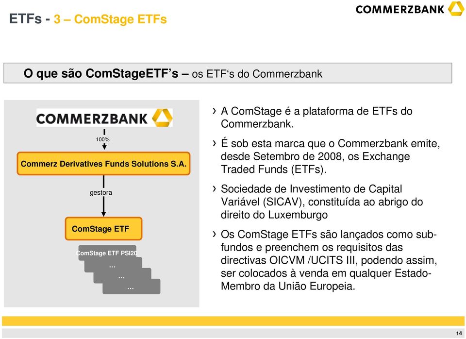 gestora ComStage ETF ComStage ETF PSI20 É sob esta marca que o Commerzbank emite, desde Setembro de 2008, os Exchange Traded Funds (ETFs).