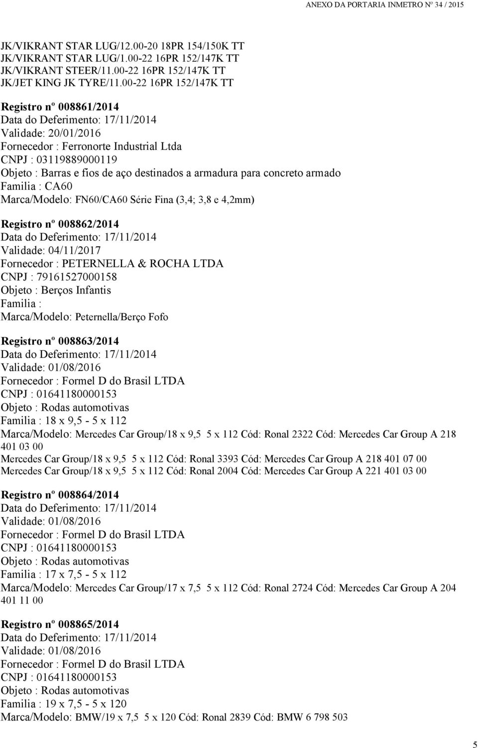 destinados a armadura para concreto armado Familia : CA60 Marca/Modelo: FN60/CA60 Série Fina (3,4; 3,8 e 4,2mm) Registro nº 008862/2014 Data do Deferimento: 17/11/2014 Validade: 04/11/2017 Fornecedor