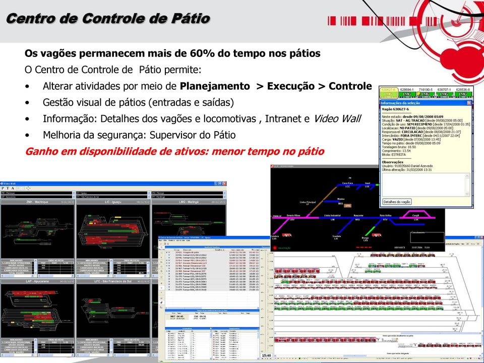 visual de pátios (entradas e saídas) Informação: Detalhes dos vagões e locomotivas, Intranet e