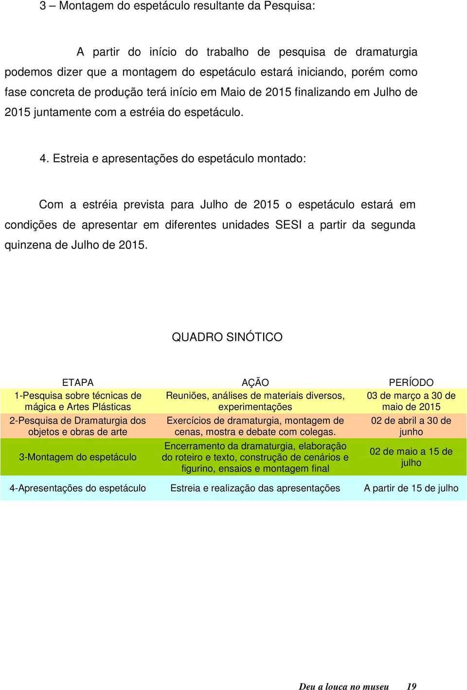 Estreia e apresentações do espetáculo montado: Com a estréia prevista para Julho de 2015 o espetáculo estará em condições de apresentar em diferentes unidades SESI a partir da segunda quinzena de