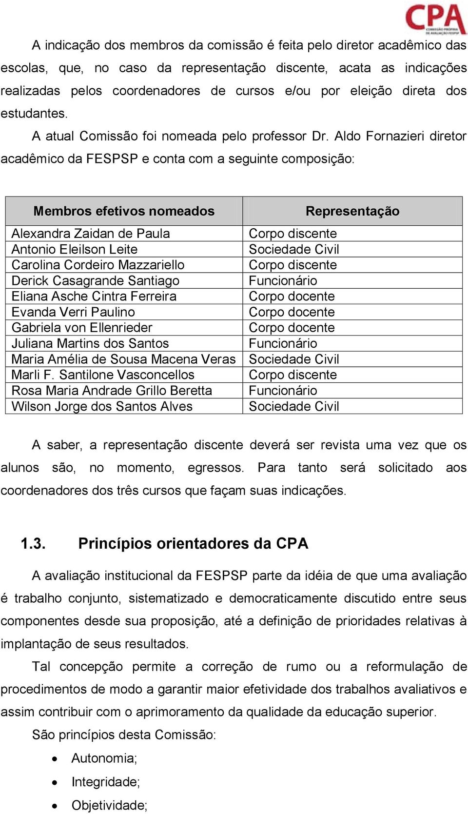 Aldo Fornazieri diretor acadêmico da FESPSP e conta com a seguinte composição: Membros efetivos nomeados Representação Alexandra Zaidan de Paula Corpo discente Antonio Eleilson Leite Sociedade Civil