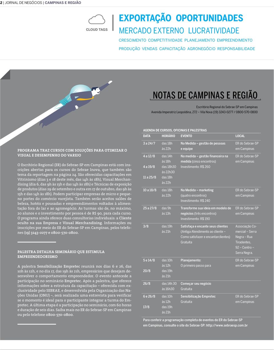 oficinas e palestras DATA HORÁRIO EVENTO LOCAL Programa traz cursos com soluções para otimizar o visual e desempenho do varejo O Escritório Regional (ER) do Sebrae-SP em Campinas está com inscrições