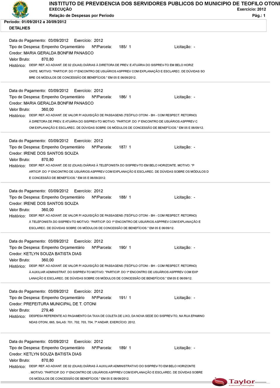 DE DÚVIDAS SO BRE OS MÓDULOS DE CONCESSÃO DE BENEFÍCIOS." EM 05 E 06/09/2012. Tipo de Despesa: Empenho Orçamentário Nº/Parcela: 186/ 1 Licitação: - Valor Bruto: 360,00 Histórico: DESP. REF. AO ADIANT.