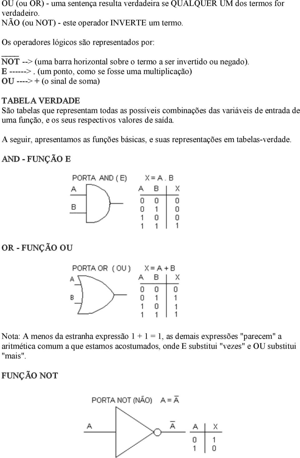 (um ponto, como se fosse uma multiplicação) OU > + (o sinal de soma) TABELA VERDADE São tabelas que representam todas as possíveis combinações das variáveis de entrada de uma função, e os