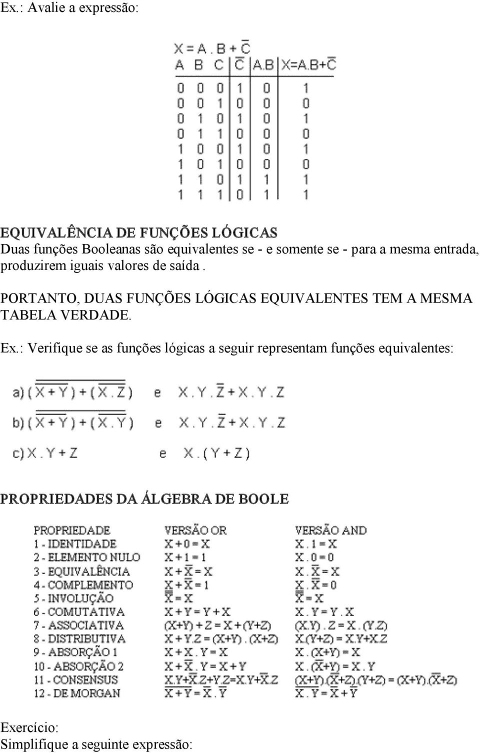 PORTANTO, DUAS FUNÇÕES LÓGICAS EQUIVALENTES TEM A MESMA TABELA VERDADE. Ex.