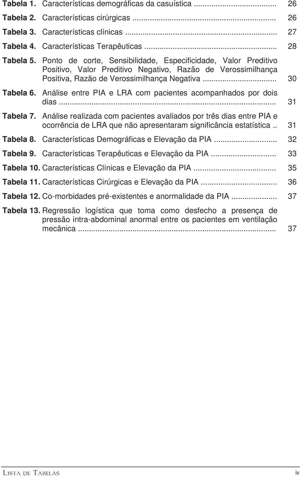 Análise entre PIA e LRA com pacientes acompanhados por dois dias... 31 Tabela 7.