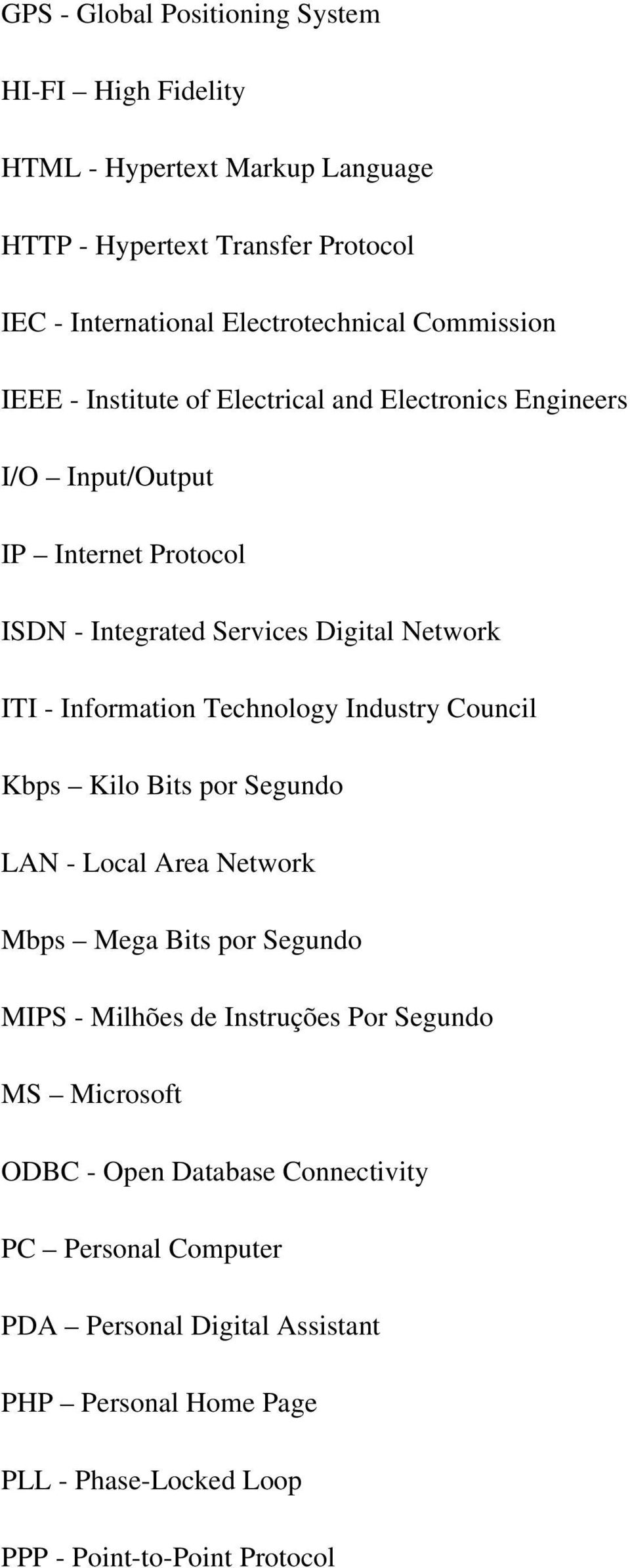 Information Technology Industry Council Kbps Kilo Bits por Segundo LAN - Local Area Network Mbps Mega Bits por Segundo MIPS - Milhões de Instruções Por Segundo