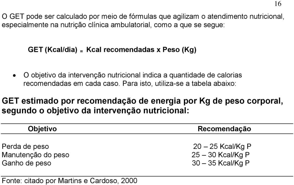 Para isto, utiliza-se a tabela abaixo: GET estimado por recomendação de energia por Kg de peso corporal, segundo o objetivo da intervenção nutricional: