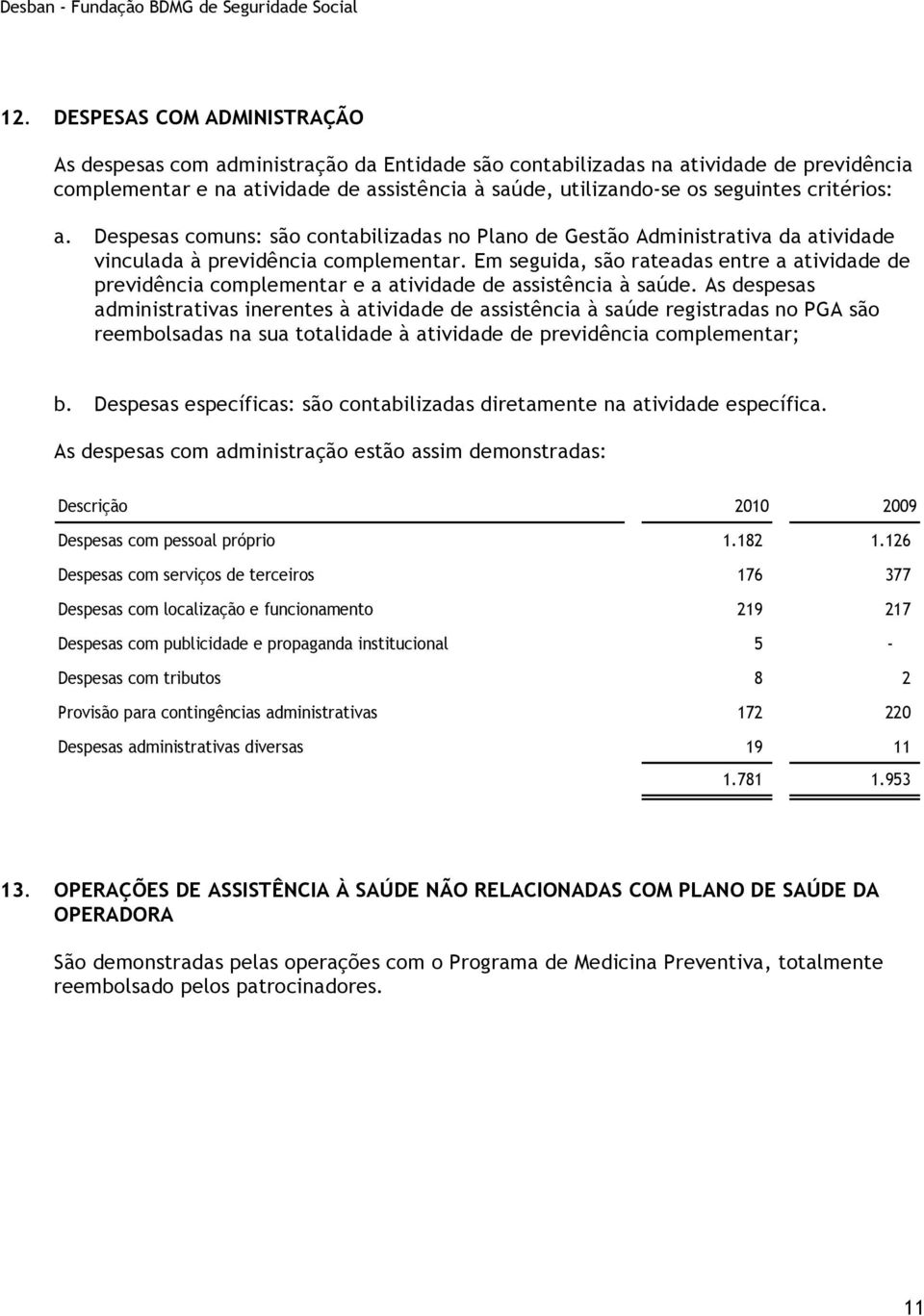 Em seguida, são rateadas entre a atividade de previdência complementar e a atividade de assistência à saúde.