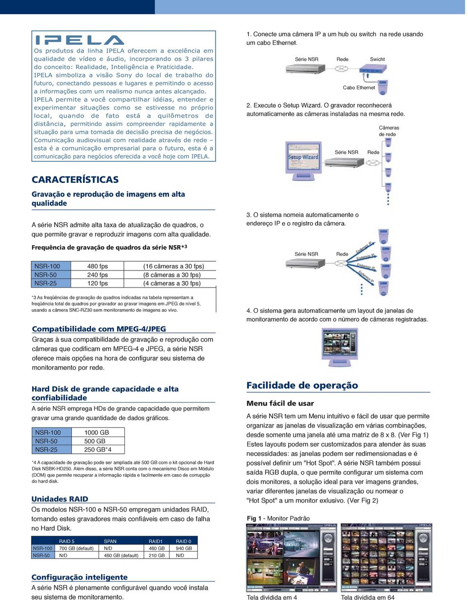 Frequência de gravação de quadros da série NSR* 3 NSR-100 480 fps (16 câmeras a 30 fps) NSR-50 240 fps (8 câmeras a 30 fps) NSR-25 120 fps (4 câmeras a 30 fps) *3 As freqüências de gravação de