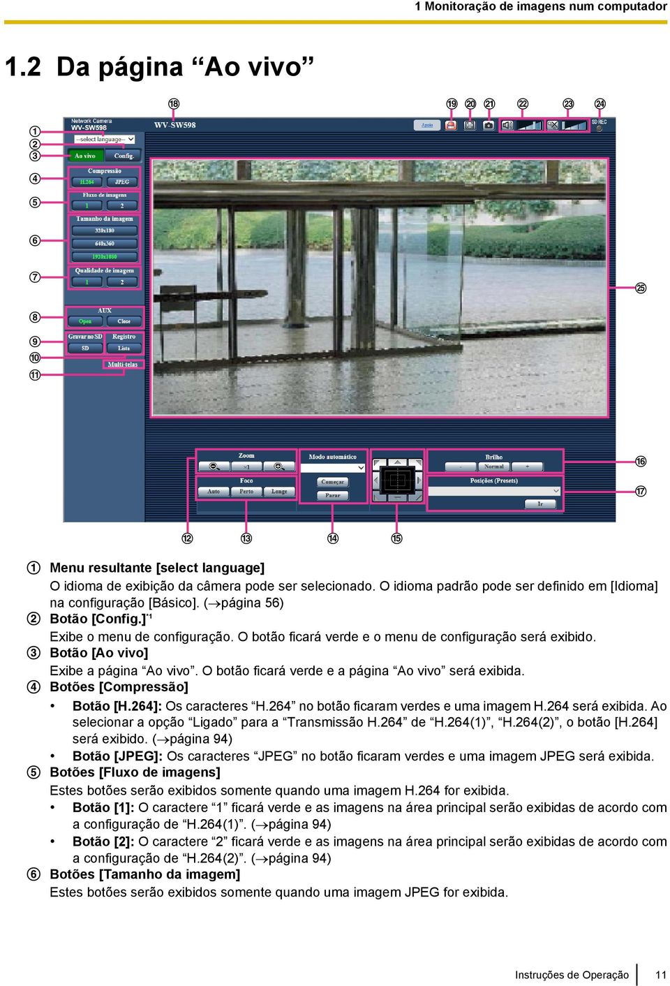 Botão [Ao vivo] Exibe a página Ao vivo. O botão ficará verde e a página Ao vivo será exibida. Botões [Compressão] Botão [H.264]: Os caracteres H.264 no botão ficaram verdes e uma imagem H.