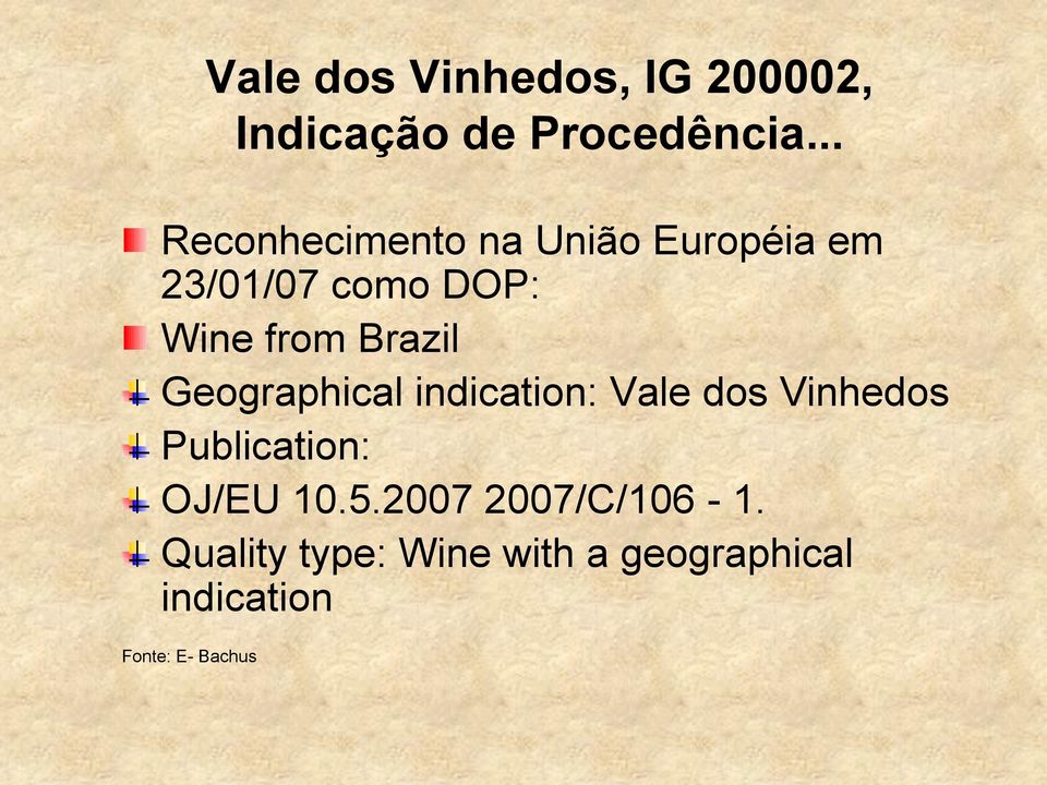 Brazil Geographical indication: Vale dos Vinhedos Publication: OJ/EU