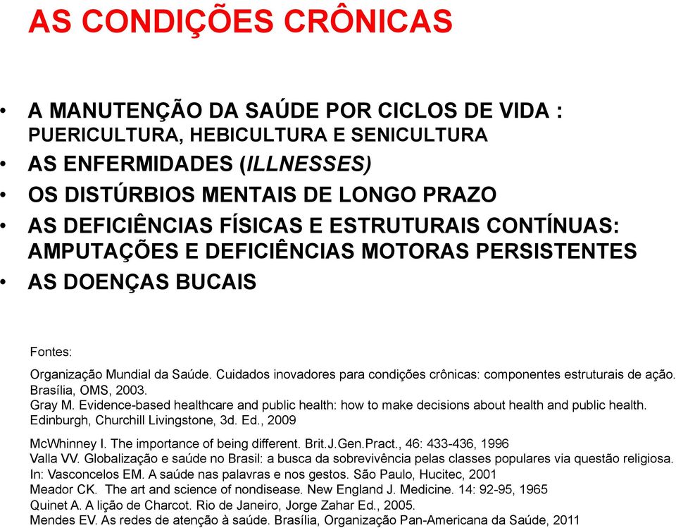 Cuidados inovadores para condições crônicas: componentes estruturais de ação. Brasília, OMS, 2003. Gray M.