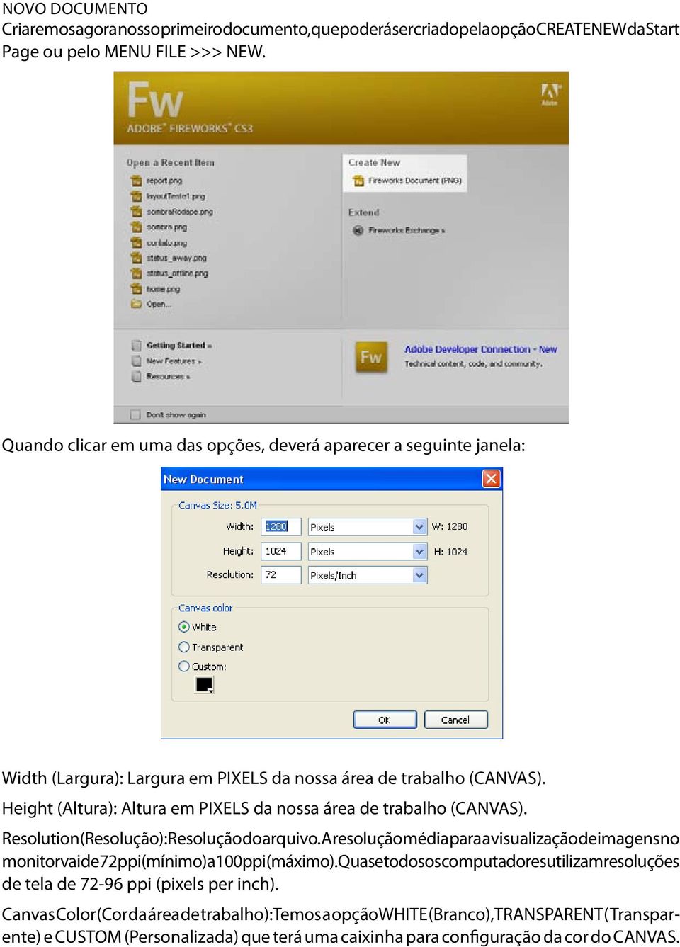 Height (Altura): Altura em PIXELS da nossa área de trabalho (CANVAS). Resolution (Resolução): Resolução do arquivo.