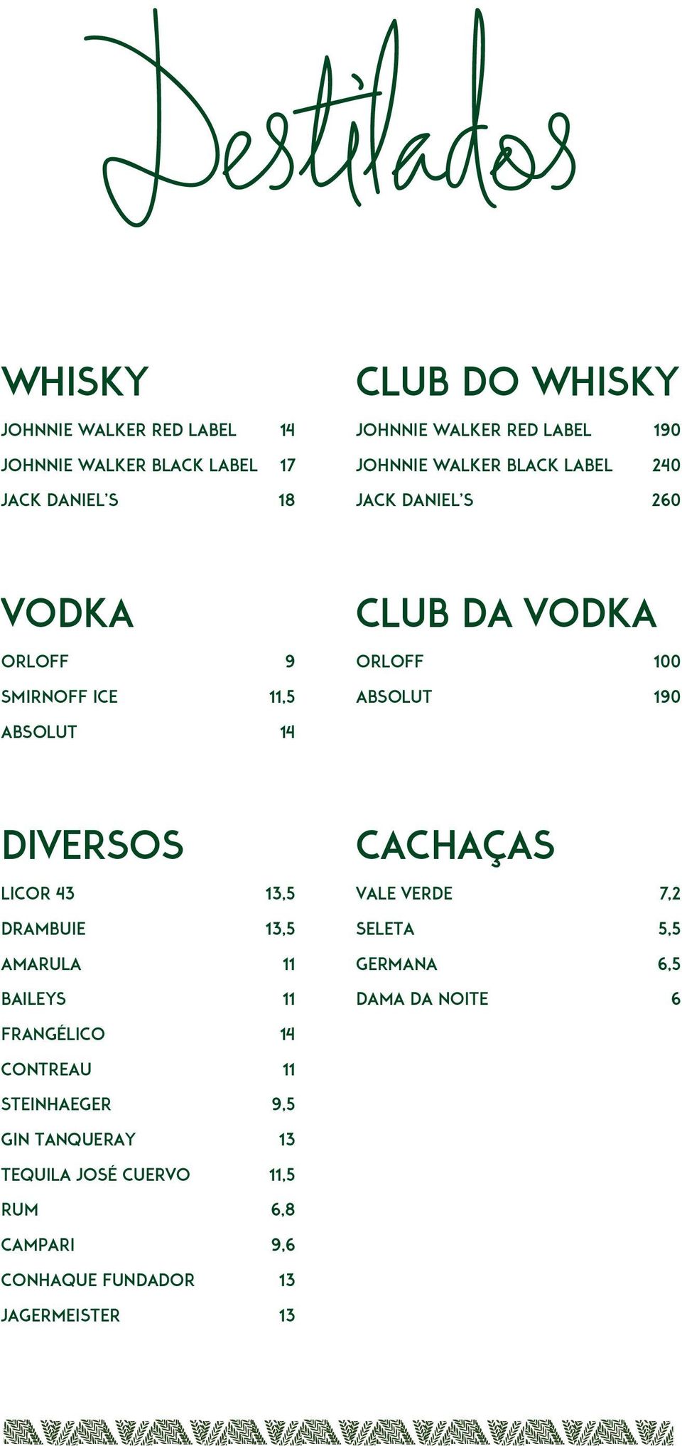 Tequila José Cuervo 11,5 Rum 6,8 Campari 9,6 Conhaque Fundador 13 Jagermeister 13 Club do Whisky Johnnie walker Red Label 190