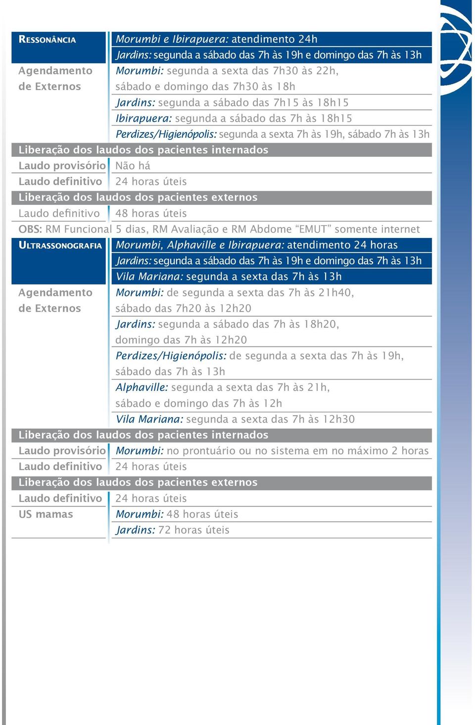 Laudo definitivo 48 horas úteis OBS: RM Funcional 5 dias, RM Avaliação e RM Abdome EMUT somente internet Ultrassonografia Morumbi, Alphaville e Ibirapuera: atendimento 24 horas Jardins: segunda a