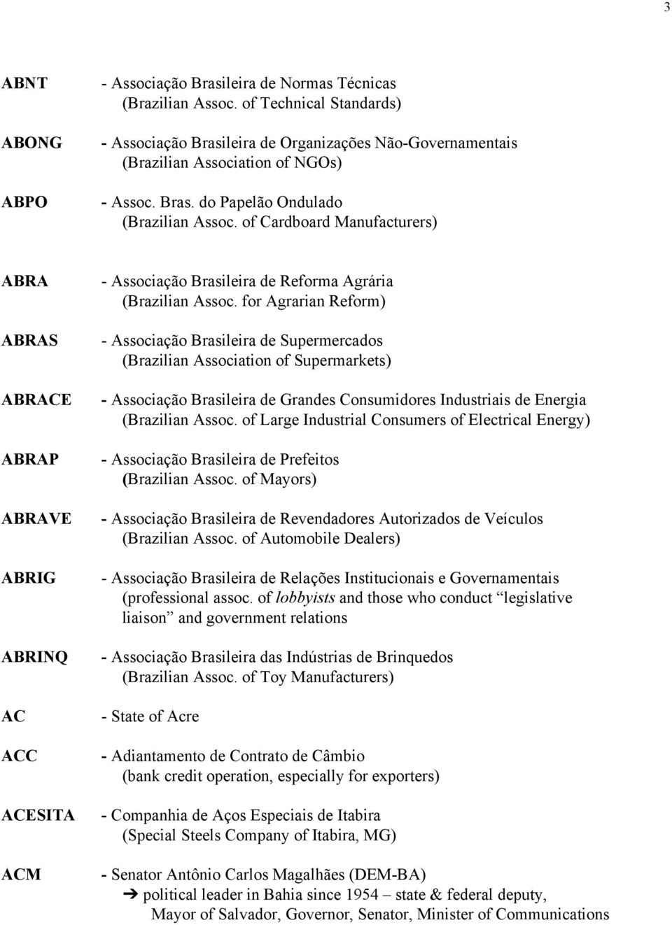 for Agrarian Reform) Associação Brasileira de Supermercados (Brazilian Association of Supermarkets) Associação Brasileira de Grandes Consumidores Industriais de Energia (Brazilian Assoc.