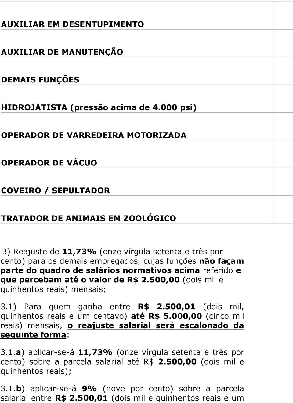 empregados, cujas funções não façam parte do quadro de salários normativos acima referido e que percebam até o valor de R$ 2.500,00 (dois mil e quinhentos reais) mensais; 3.