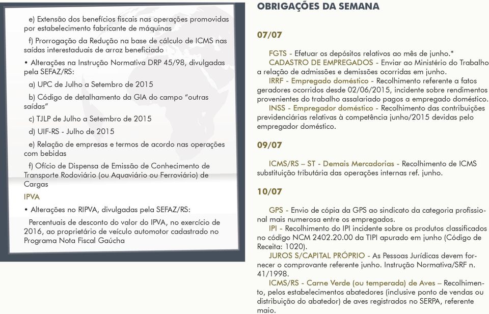 Setembro de 2015 d) UIF-RS - Julho de 2015 e) Relação de empresas e termos de acordo nas operações com bebidas f) Ofício de Dispensa de Emissão de Conhecimento de Transporte Rodoviário (ou Aquaviário