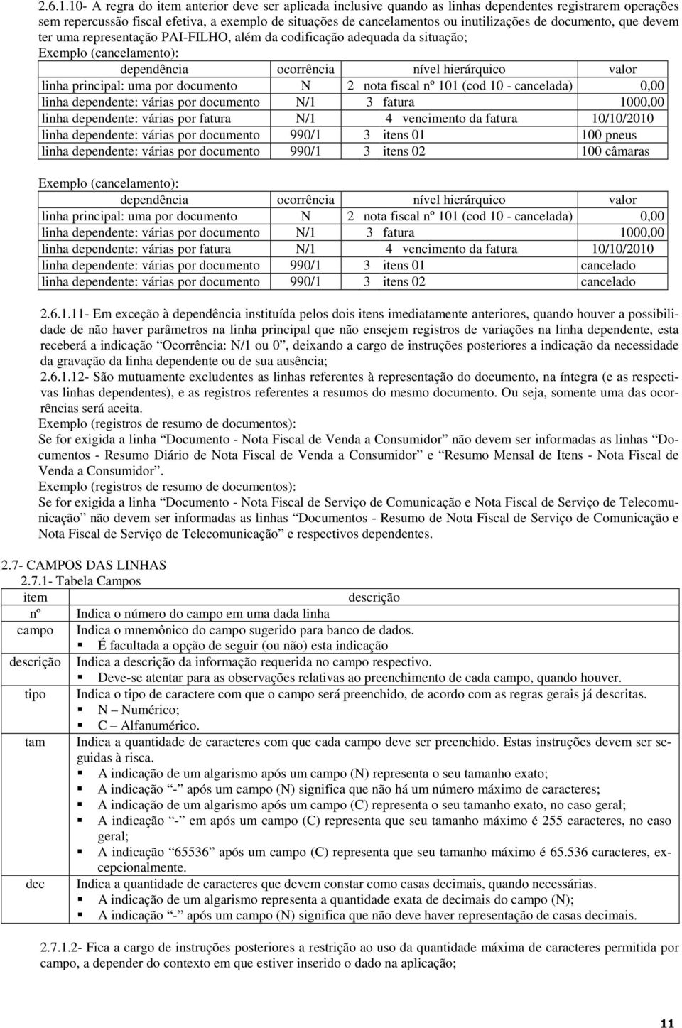 documento, que devem ter uma representação PAI-FILHO, além da codificação adequada da situação; Exemplo (cancelamento): dependência ocorrência nível hierárquico valor linha principal: uma por