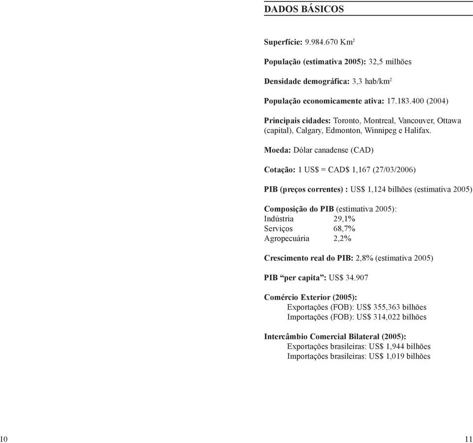 Moeda: Dólar canadense (CAD) Cotação: 1 US$ = CAD$ 1,167 (27/03/2006) PIB (preços correntes) : US$ 1,124 bilhões (estimativa 2005) Composição do PIB (estimativa 2005): Indústria 29,1% Serviços 68,7%