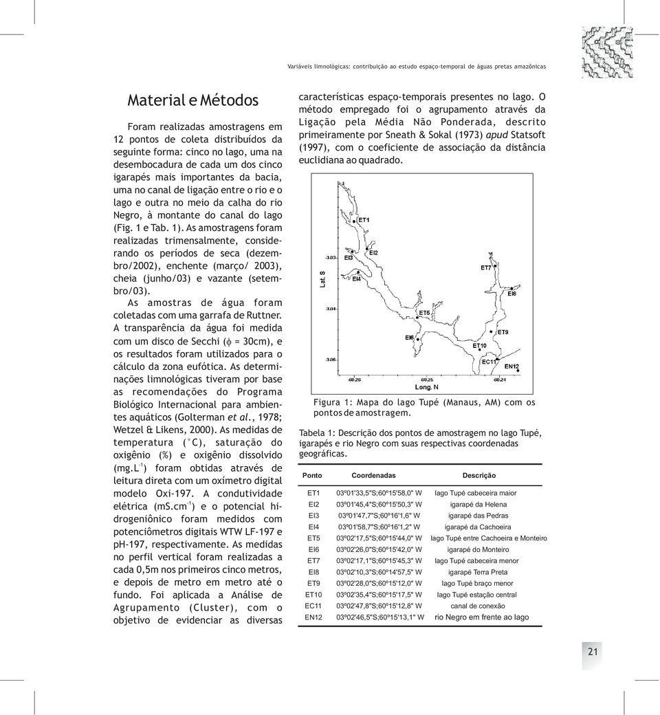 (Fig. 1 e Tab. 1). As amostragens foram realizadas trimensalmente, considerando os períodos de seca (dezembro/22), enchente (março/ 23), cheia (junho/3) e vazante (setembro/3).