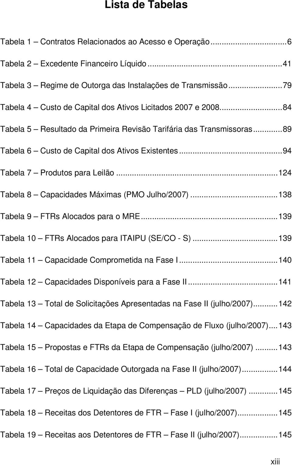 .. 94 Tabela 7 Produtos para Leilão... 124 Tabela 8 Capacidades Máximas (PMO Julho/2007)... 138 Tabela 9 FTRs Alocados para o MRE... 139 Tabela 10 FTRs Alocados para ITAIPU (SE/CO - S).