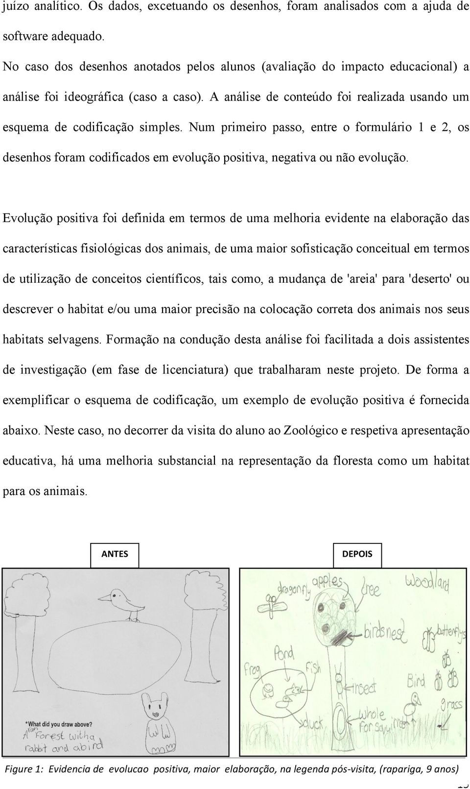 Num primeiro passo, entre o formulário 1 e 2, os desenhos foram codificados em evolução positiva, negativa ou não evolução.