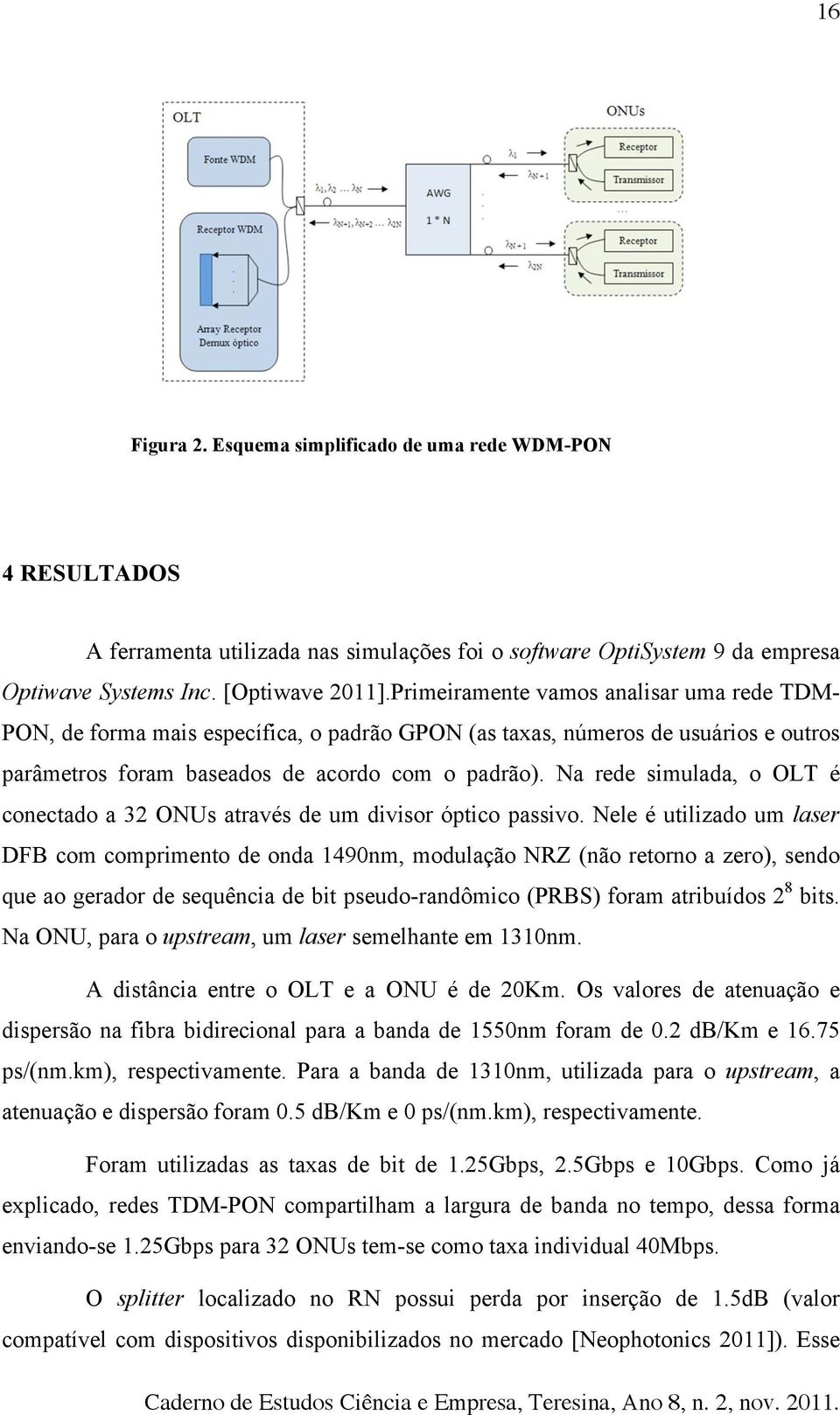 Na rede simulada, o OLT é conectado a 32 ONUs através de um divisor óptico passivo.