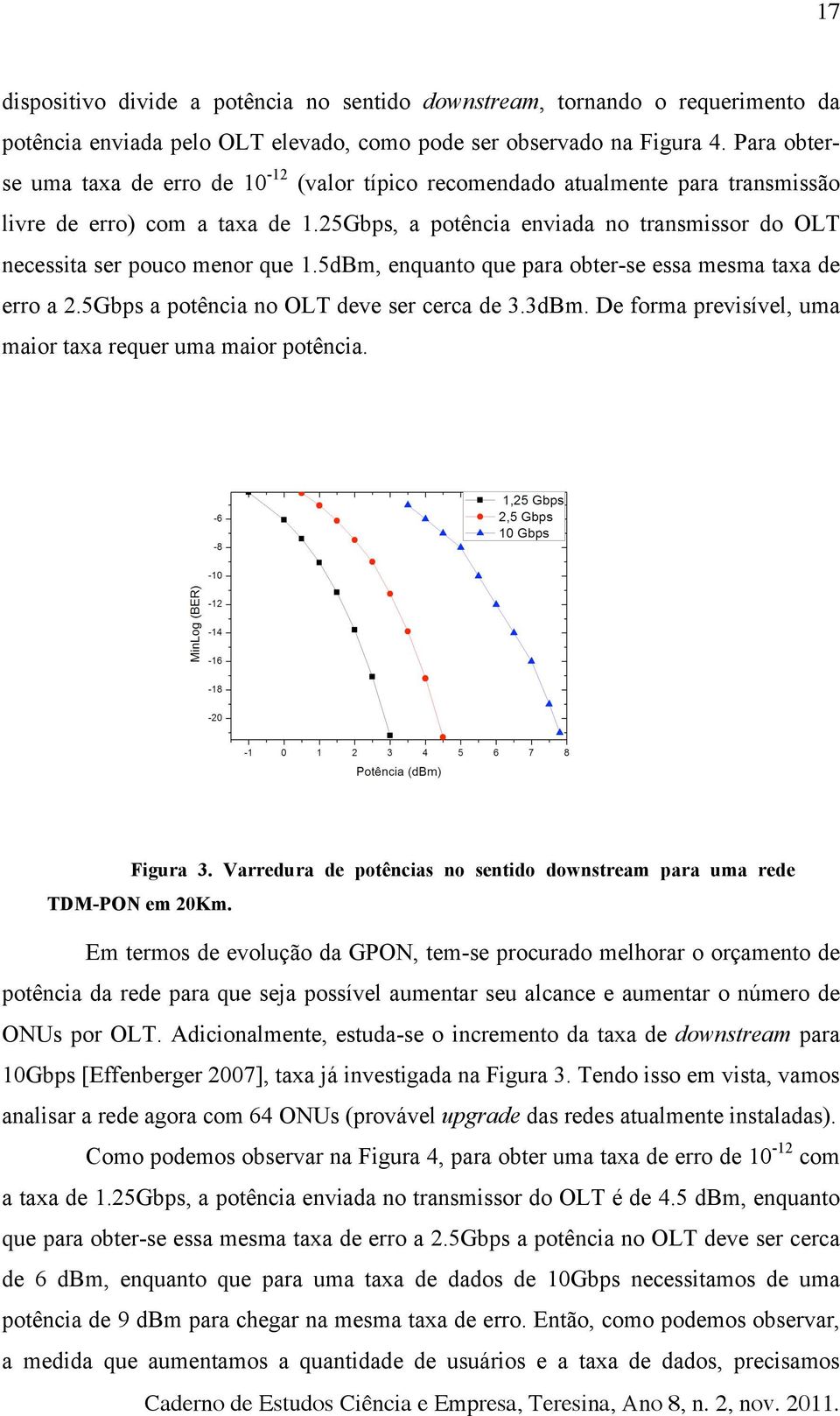 25Gbps, a potência enviada no transmissor do OLT necessita ser pouco menor que 1.5dBm, enquanto que para obter-se essa mesma taxa de erro a 2.5Gbps a potência no OLT deve ser cerca de 3.3dBm.