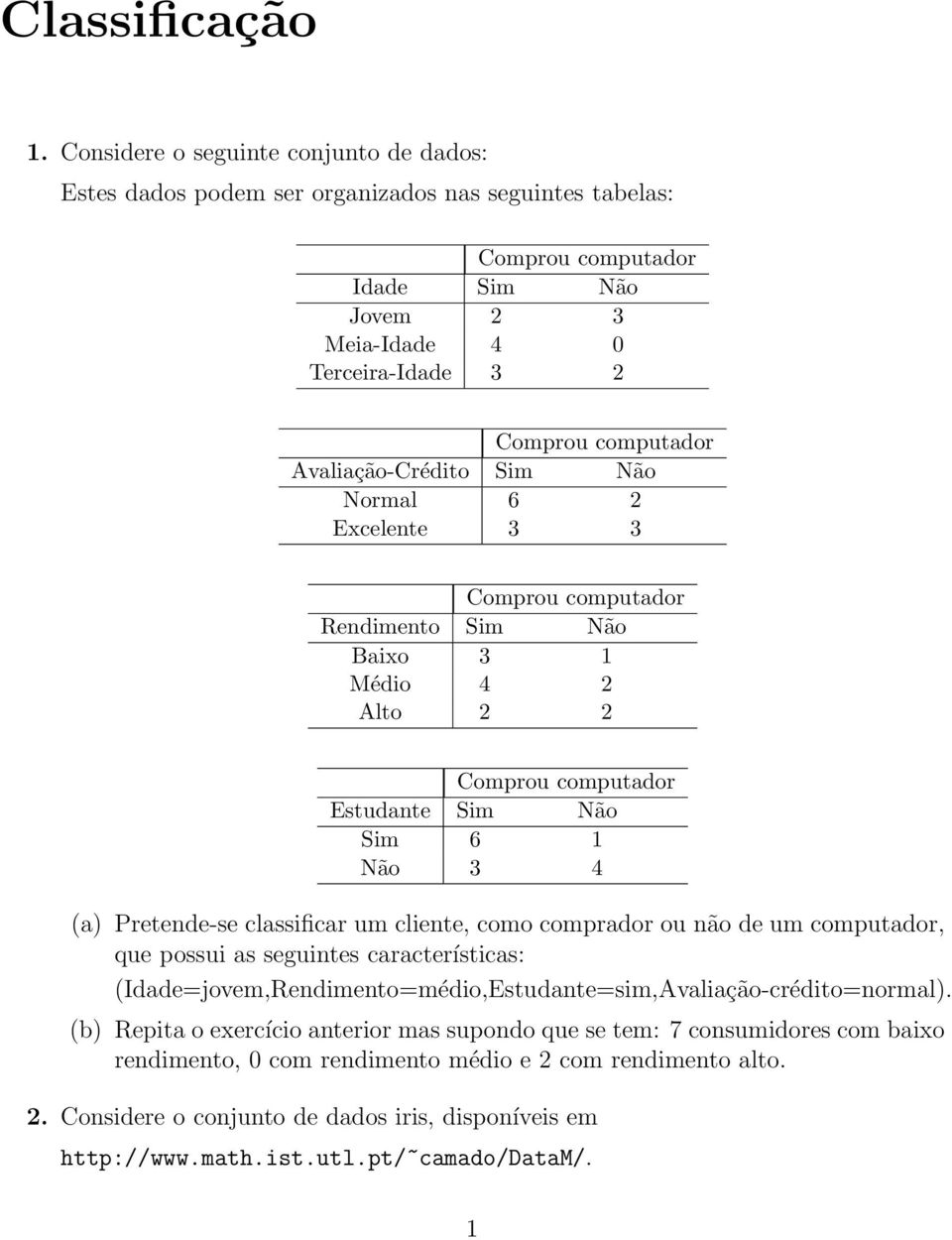 Avaliação-Crédito Sim Não Normal 6 2 Excelente 3 3 Comprou computador Rendimento Sim Não Baixo 3 1 Médio 4 2 Alto 2 2 Comprou computador Estudante Sim Não Sim 6 1 Não 3 4 (a) Pretende-se classificar