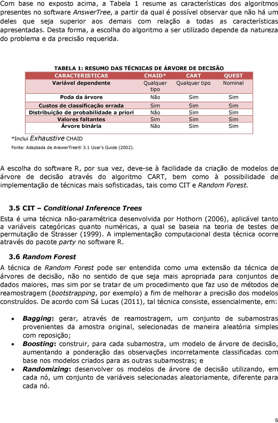 TABELA 1: RESUMO DAS TÉCNICAS DE ÁRVORE DE DECISÃO CARACTERISTICAS CHAID* CART QUEST Variável dependente Qualquer tipo Qualquer tipo Nominal Poda da árvore Não Sim Sim Custos de classificação errada