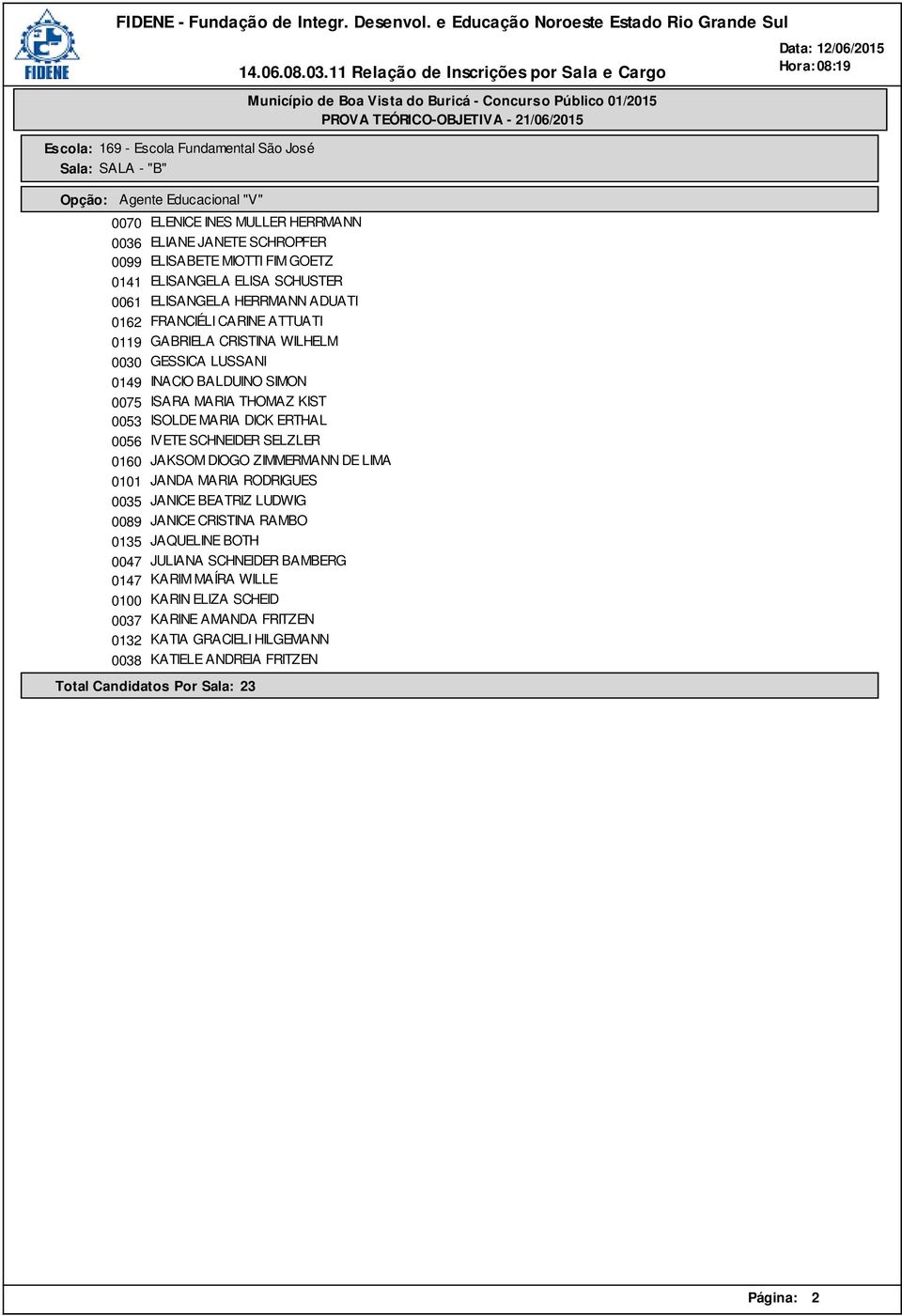 DICK ERTHAL 0056 IVETE SCHNEIDER SELZLER 0160 JAKSOM DIOGO ZIMMERMANN DE LIMA 0101 JANDA MARIA RODRIGUES 0035 JANICE BEATRIZ LUDWIG 0089 JANICE CRISTINA RAMBO 0135 JAQUELINE BOTH 0047