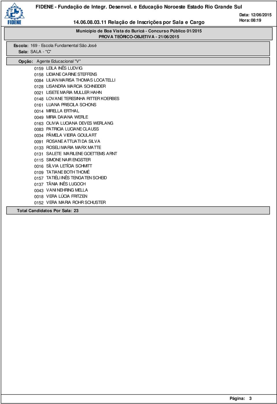 0034 PÂMELA VIEIRA GOULART 0091 ROSANE ATTUATI DA SILVA 0133 ROSELI MARIA MARX MATTE 0131 SALETE MARILENE GOETTEMS ARNT 0115 SIMONE NAIR ENGSTER 0016 SÍLVIA LETÍCIA SCHMITT 0109