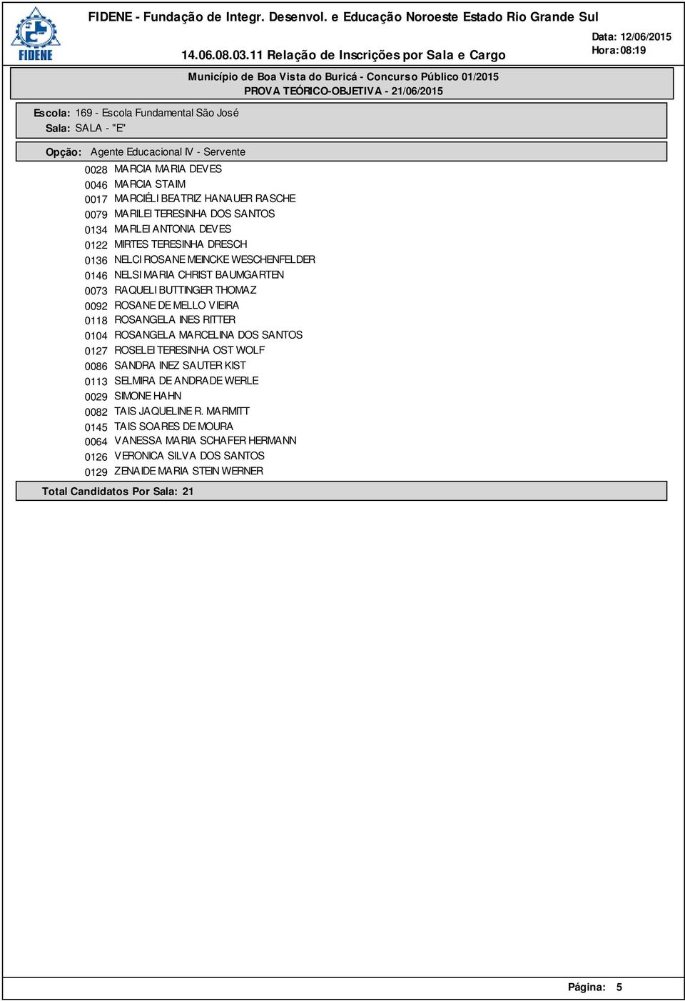 VIEIRA 0118 ROSANGELA INES RITTER 0104 ROSANGELA MARCELINA DOS SANTOS 0127 ROSELEI TERESINHA OST WOLF 0086 SANDRA INEZ SAUTER KIST 0113 SELMIRA DE ANDRADE WERLE 0029 SIMONE HAHN