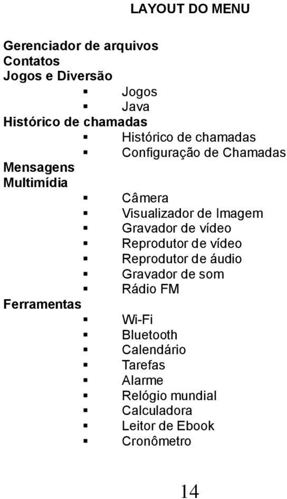 Gravador de vídeo Reprodutor de vídeo Reprodutor de áudio Gravador de som Rádio FM Ferramentas