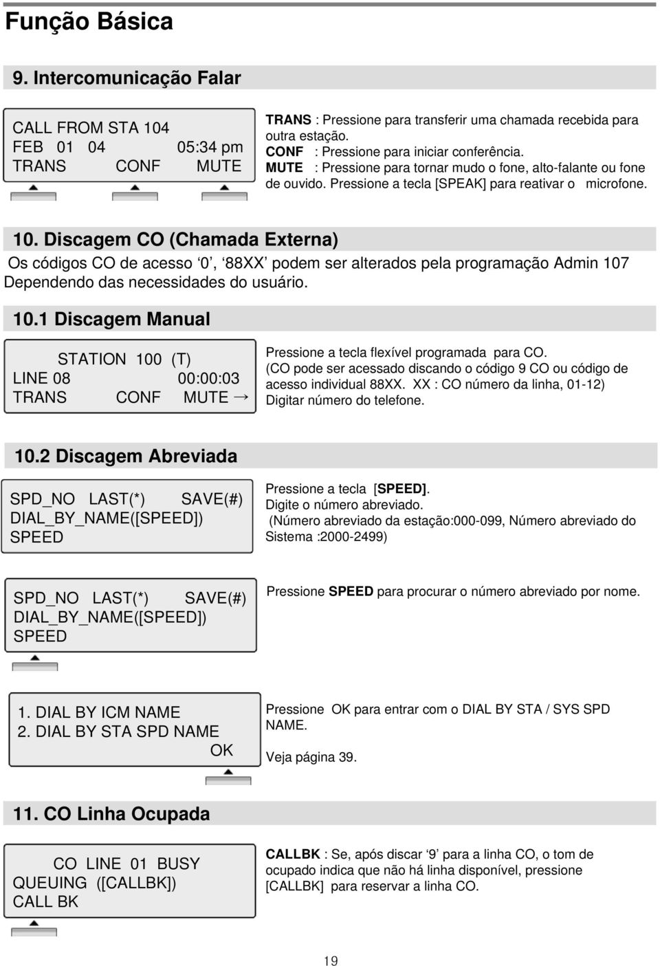 Discagem CO (Chamada Externa) Os códigos CO de acesso 0, 88XX podem ser alterados pela programação Admin 107