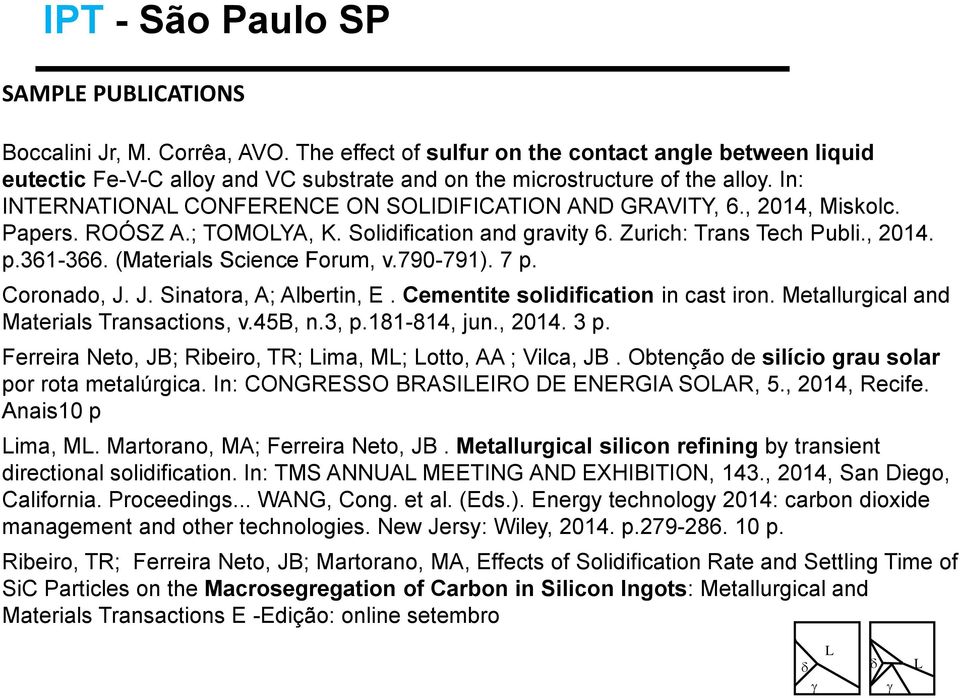 , 2014, Miskolc. Papers. ROÓSZ A.; TOMOYA, K. Solidification and gravity 6. Zurich: Trans Tech Publi., 2014. p.361-366. (Materials Science Forum, v.790-791). 7 p. Coronado, J.