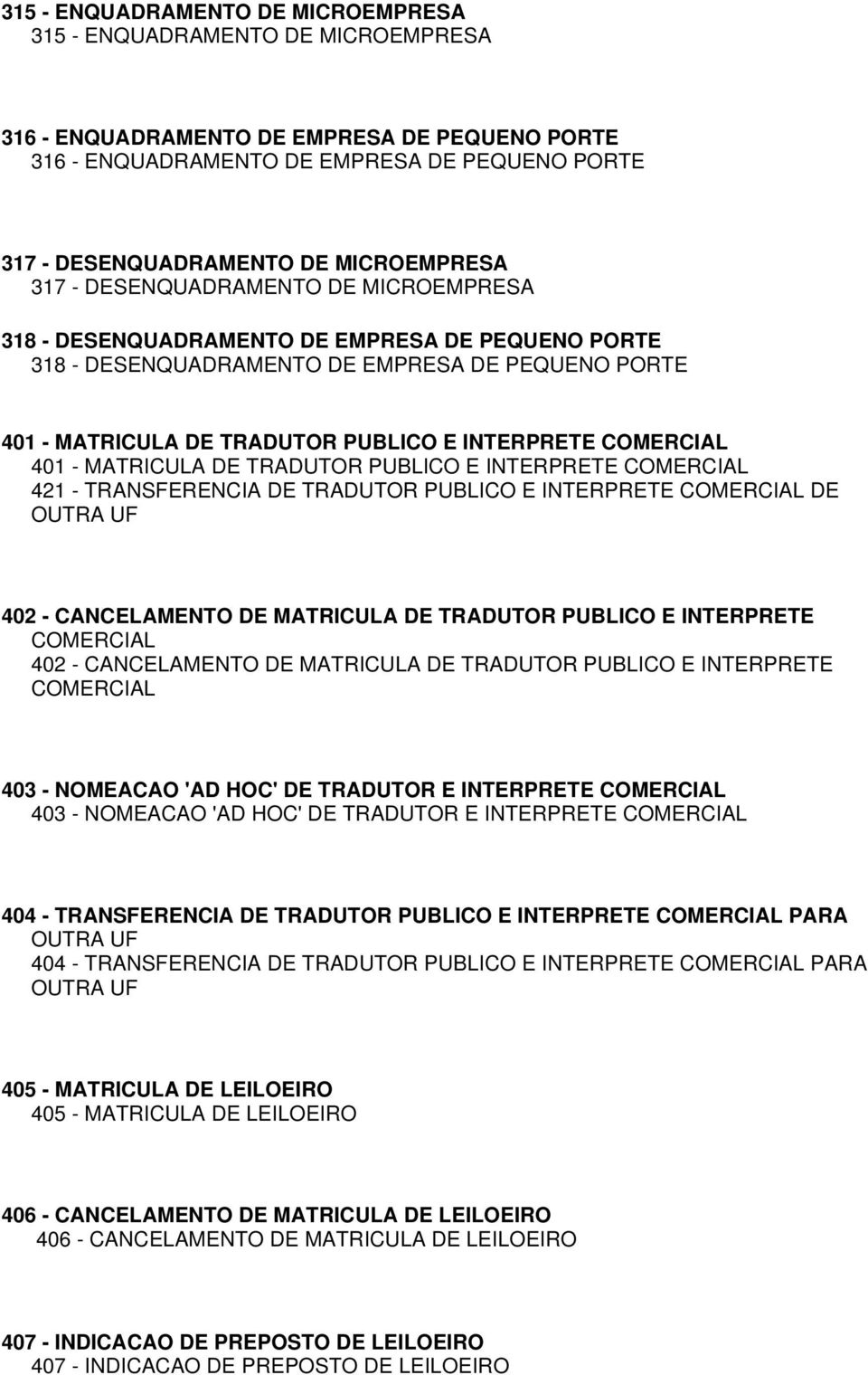 INTERPRETE COMERCIAL 401 - MATRICULA DE TRADUTOR PUBLICO E INTERPRETE COMERCIAL 421 - TRANSFERENCIA DE TRADUTOR PUBLICO E INTERPRETE COMERCIAL DE OUTRA UF 402 - CANCELAMENTO DE MATRICULA DE TRADUTOR