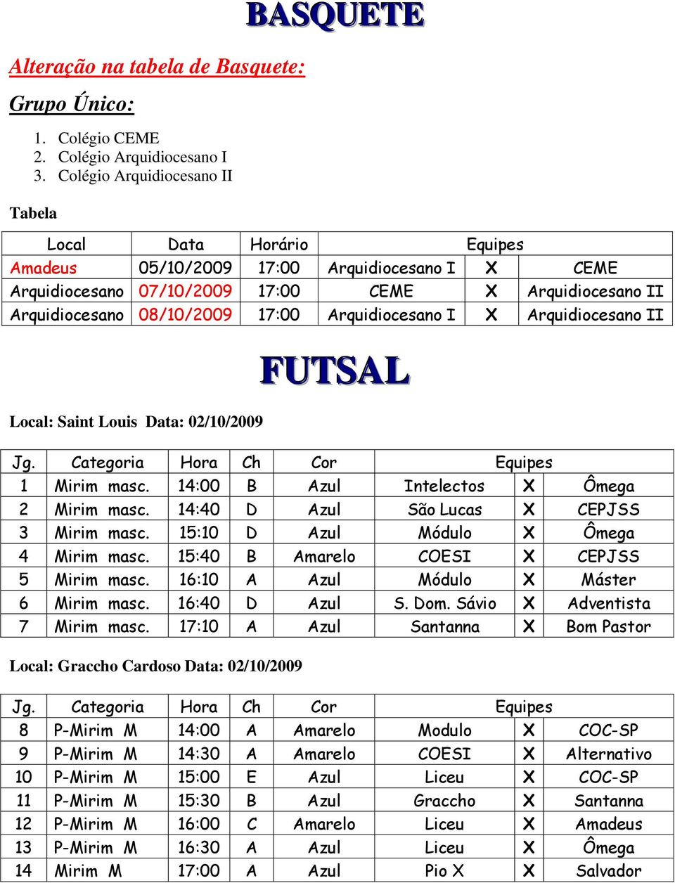 08/10/2009 17:00 Arquidiocesano I X Arquidiocesano II Local: Saint Louis Data: 02/10/2009 FUTSAL Jg. Categoria Hora Ch Cor Equipes 1 Mirim masc. 14:00 B Azul Intelectos X Ômega 2 Mirim masc.