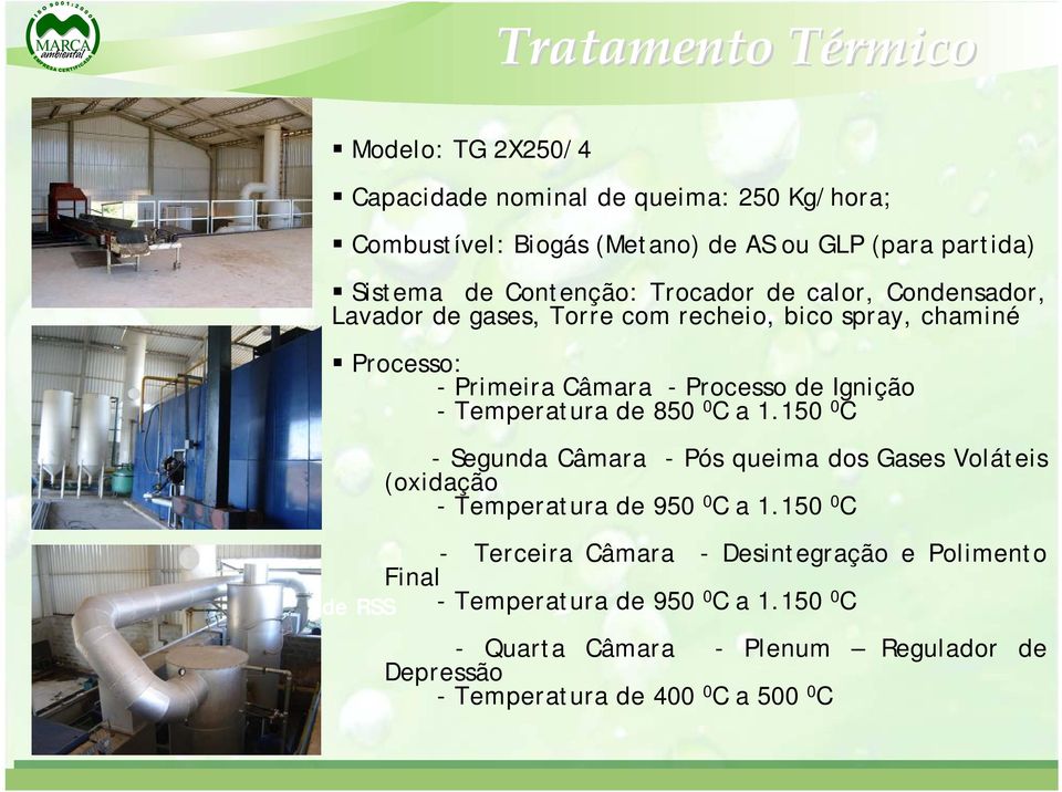 Temperatura de 850 0 C a 1.150 0 C -Segunda Câmara -Pós queima dos Gases Voláteis (oxidação - Temperatura de 950 0 C a 1.