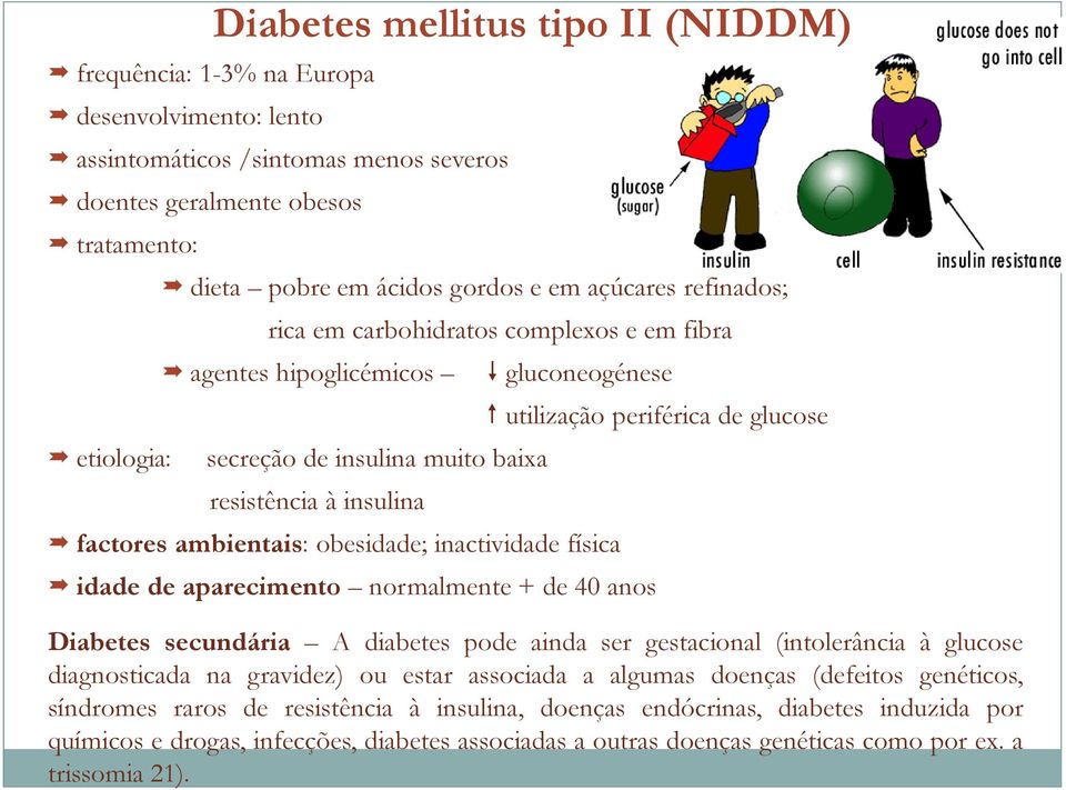 obesidade;; inactividade física idade de aparecimento normalmente + de 40 anos utilização periférica de glucose Diabetes secundária A diabetes pode ainda ser gestacional (intolerância à glucose